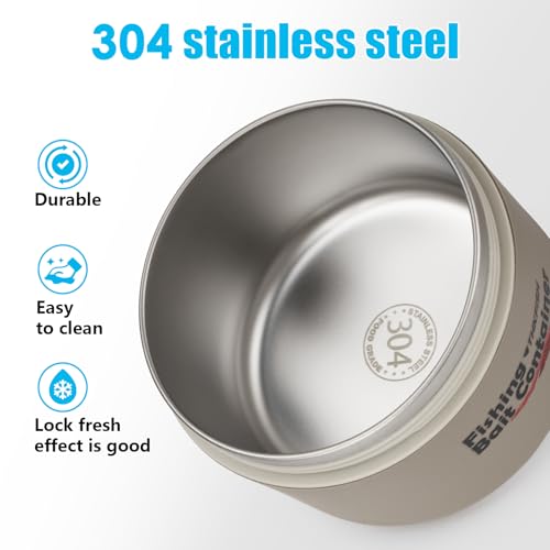 THKFISH Fishing Bait Container, Stainless Steel Insulated Live Bait Storage, Worm Bait Holder, Bait Storage Box, Nightcrawler Box, Bait Bucket to Keeps Bait Fresh and Alive - color: 2PCS-0.6L+0.4L-Khaki