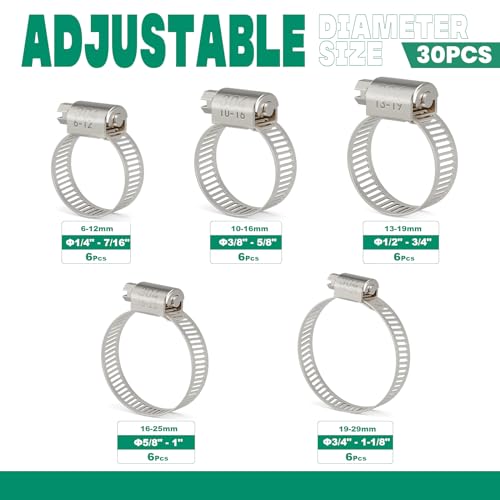 30PCS Hose Clamps Stainless Steel Assortment Adjustable 1/4"-1-1/8"(6-29mm) Worm Gear Hose Clamp, Heavy Duty Metal Small Hose Clamps for Automotive, Pipe, Radiator Plumbing, Fuel Line - size: 30PCS KIT-HOSE CLAMP(1/4"-1-1/8")