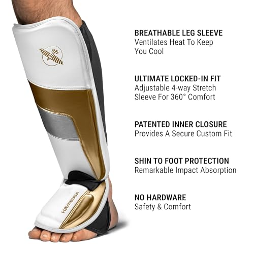 Hayabusa T3 Full-Back Shin Guards - color: White/Gold, size: Medium