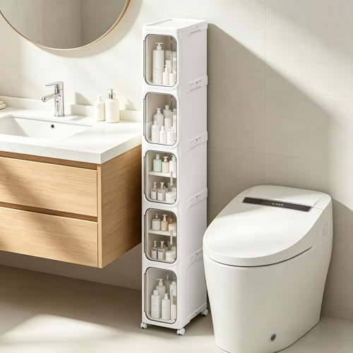 5-Tier Narrow Storage Cabinet Slim Bathroom Storage Cabinet with Movable Wheels Tall Bathroom Organizer Skinny Cabinet for Small Spaces, White - color: White, size: 5-tier