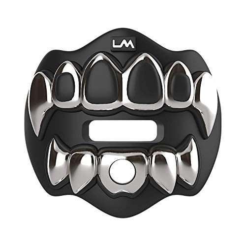 Loudmouth Football Mouth Guard for Youth & Adult - 3D Chrome Grillz Silver Teeth Mouthpiece with Strap, No-Boil Braces-Friendly Sports Mouthguard (Chrome Black/Silver) - color: 3d Grillz - Chrome Black/Silver