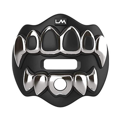 Loudmouth Football Mouth Guard for Youth & Adult - 3D Chrome Grillz Silver Teeth Mouthpiece with Strap, No-Boil Braces-Friendly Sports Mouthguard (Chrome Black/Silver) - color: 3d Grillz - Chrome Black/Silver