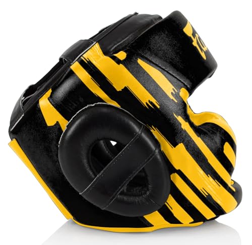 Fairtex Full Head Guard, Muay Thai MMA Sparring Helmet Protective Headgear - color: HG16M2 - Black/Gold Screen, size: Medium
