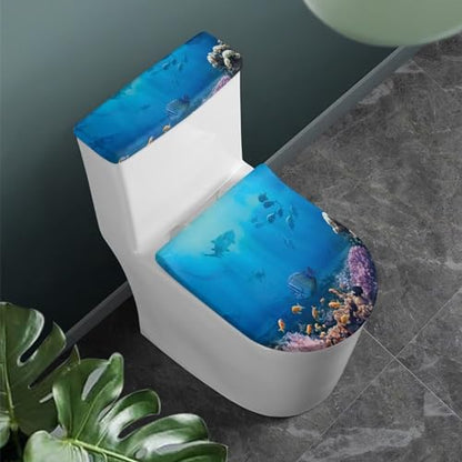 Bathroom Toilet Lid Cover Toilet Seat Cover Set 2 Pcs,Stretch Toilet Tank Lid Cover Protector,Fits Most Toilet Tanks and Lids,Sea Fish Blue