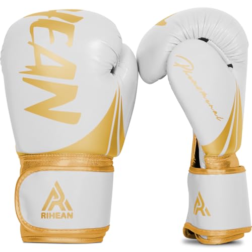 Elite Training Gloves for Men, Women & Kids 10-16oz. Ideal for Boxing, MMA, Muay Thai, Kickboxing - 3.0 Victory Series - color: White & Gold, size: 12 oz