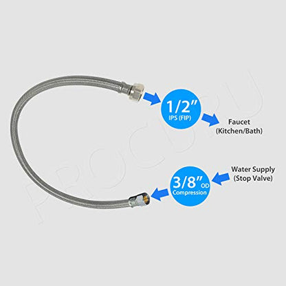 [2-Pack] PROCURU 36" (3Ft) x 3/8" Comp x 1/2" FIP Faucet Hose Connector, Stainless Steel Braided Supply Line (9SF36-2P) - size: 36 Inch