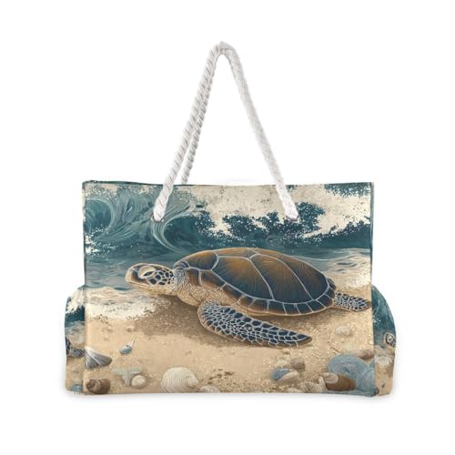 senya Large Beach Bags Totes Canvas Tote Shoulder Bag Soft Wave Water Resistant Bags for Gym Travel Daily Ocean - color: Sea Turtle on Beach