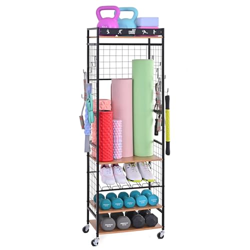 Mythinglogic Home Gym Storage Rack with Wheels for Dumbbells and Yoga Mats | Versatile storage with shelves, hooks and side holders for kettlebells, foam rollers, bands, weight plates and gym gear - color: Black+Brown