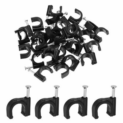 HARFINGTON 120pcs Cable Clips with Nail 10mm ID Circular Single Half Clamp J-Hook with Nail Cord Clips for Wires on Wall for Ethernet Tacks Coax Pex Tubing Pipe Support, Black - size: 10mm ID
