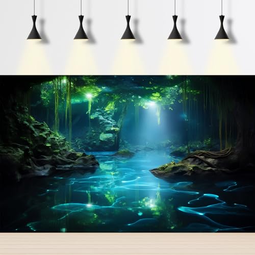 Fantasy Underwater Cave Aquarium Background Light Beam Crystal Clear Water Fish Tank Background Tropical Green Plants Undersea Cave Terrarium Backgrounds Misty Jungle Reptile Tank Backgrounds 36x20in
