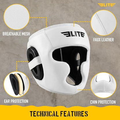 Elite Sports Boxing Headgear Men, Boxing Head Guard Sparring Gear, MMA Headgear Kickboxing Muay Thai Training Helmet, Protective Fighting Gear, Adjustable Face Protection - color: White
