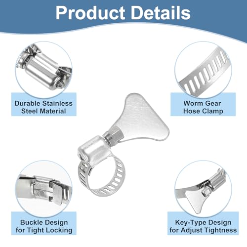 uxcell 14Pcs Stainless Steel Hose Clamps Worm Gear Hose Clamp, 8-12mm (1/4"to 1/2") Adjustable Thumb Screw Key Type Clamps Fuel Line Clamps 8mm Bandwidth for Plumbing, Automotive