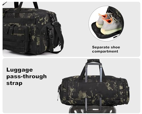 LHI 50L Tactical Duffle Bag for Men, 3-in-1 Gym Duffle and Backpack, Shoe Compartment, Laptop Sleeve and MOLLE, Carry-On Travel Weekender and Overnight Bag – Black CP Camo - color: Black CP Camo