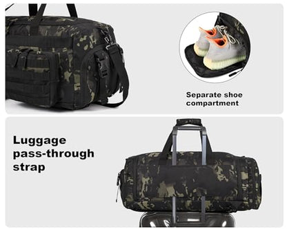 LHI 50L Tactical Duffle Bag for Men, 3-in-1 Gym Duffle and Backpack, Shoe Compartment, Laptop Sleeve and MOLLE, Carry-On Travel Weekender and Overnight Bag – Black CP Camo - color: Black CP Camo
