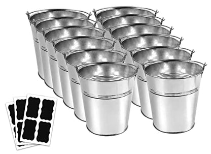 12 Metal Buckets with Chalkboard Stickers, Small Galvanized Pail for Party and Wedding, 5 Inch Tin Buckets, Garden Planters