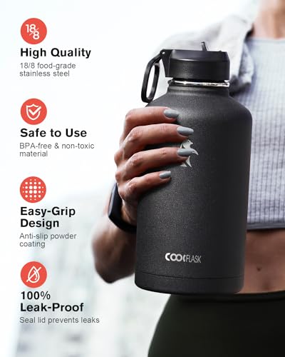 Coolflask Half Gallon Water Bottle Insulated with Straw & 3 Leakproof Lids - color: Magic Black, size: 64 Ounces