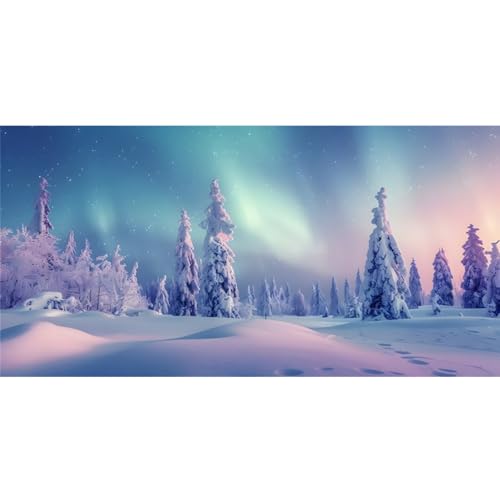 YongFoto Winter Snow Scene Fish Tank Background 30x12 inch Snowfield Pine Forest Rime Starry Sky Aurora Polyester Backdrop Reptile Habitat Terrarium Bearded Dragon Aquarium Background