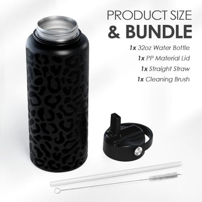 SANDJEST Leopard Water Bottle 32oz Stainless Steel Double Wall Vacuum Insulated with Lid, Leopard Print Water Bottles for Gym Sports Travel Outdoor, Gifts for Women Girls Ladies Birthday Christmas