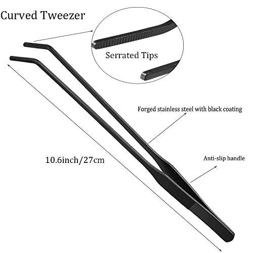 2PCS Aquarium Tweezers Stainless Steel Straight and Curved Tweezers Set Long Handle Reptile Feeding Tongs for Aquatic Plants Lizards Spider Snakes Garden Repairing - 10.6inch, Black
