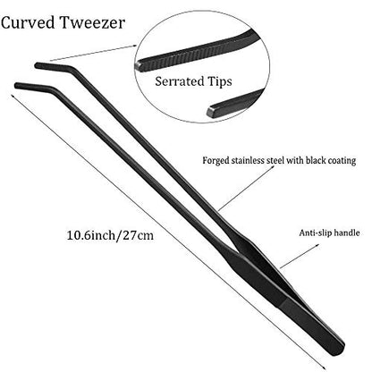 2PCS Aquarium Tweezers Stainless Steel Straight and Curved Tweezers Set Long Handle Reptile Feeding Tongs for Aquatic Plants Lizards Spider Snakes Garden Repairing - 10.6inch, Black
