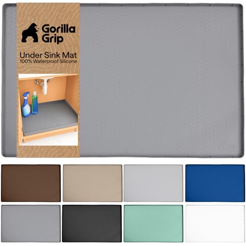 GORILLA GRIP Waterproof Silicone Under Sink Mat with Raised Lip for Kitchen and Bathroom, Cabinet Shelf Liner Stay in Place Mats Dishwasher Safe Drawer Liner, Organizer Tray, 19 x 22 in, Gray - color: Gray, size: 19"w X 22"l