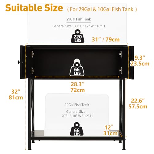20-29 Gallon Aquarium Stand with Cabinet, 20 Gallon Long Fish Tank Stand with 31''L * 12''W Tabletop, Double Heavy Metal Stand with Stable Structure, Adjustable Table Feet - Black - color: Black 20-29Gallon, size: 20-29Gallon