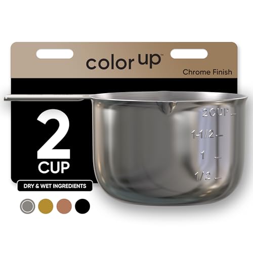 2 Cup Measuring Cup (480ml, 16oz) – Chrome Stainless Steel Measure Scoop with Easy-Pour Spouts, Flat Base, by Color Up - size: 2 Cup (480 ml) Chrome