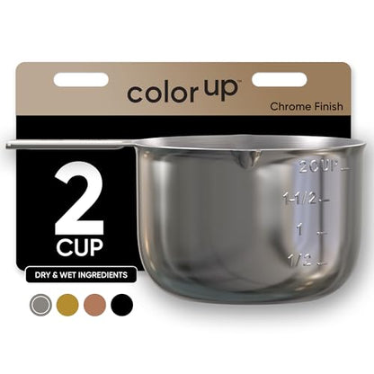 2 Cup Measuring Cup (480ml, 16oz) – Chrome Stainless Steel Measure Scoop with Easy-Pour Spouts, Flat Base, by Color Up - size: 2 Cup (480 ml) Chrome