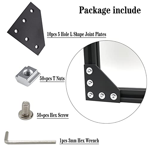 10pcs Corner Bracket Plate Black 2020 Series 5 Hole L Shape Joint Plates with 50pcs M5 T Nuts + 50pcs M5x8mm Screws + 1pcs Wrench for Slot 6mm 20S Aluminum Rail Accessories (10PCS L Shape) - style: 10PCS L Shape black