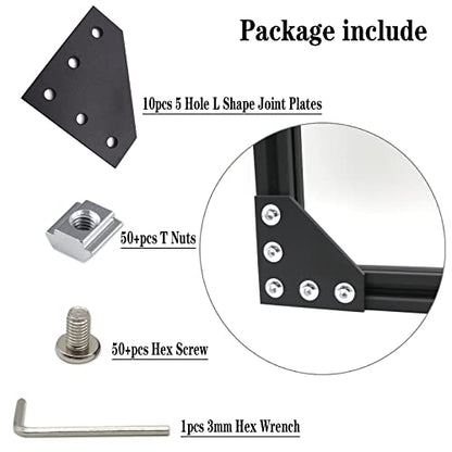 10pcs Corner Bracket Plate Black 2020 Series 5 Hole L Shape Joint Plates with 50pcs M5 T Nuts + 50pcs M5x8mm Screws + 1pcs Wrench for Slot 6mm 20S Aluminum Rail Accessories (10PCS L Shape) - style: 10PCS L Shape black