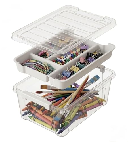 8-Quart Clear Plastic Storage Box with Removable Tray 2-Pack Craft Bins Organizers Containers