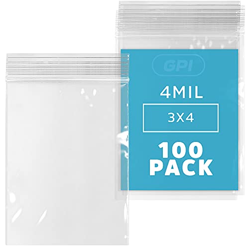 3" x 4" Small Reclosable Zip Bag - Heavy-duty 4 Mil, Bulk Case of 100 - Clear, Resealable Zip Top Lock for Storage & Packaging Food, Nuts, Bolts & Screws. - size: 3" x 4"