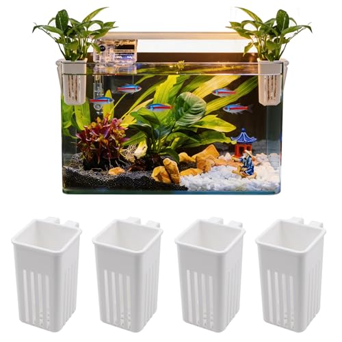 4 PCS Aquarium Plant Holder, Hanging Aquatic Planted Pot, White Hydroponic Plants Cups Aquaponic Basket, Aquascape Accessories Decorations, 1.97 x 1.77 x 3.74 Inch
