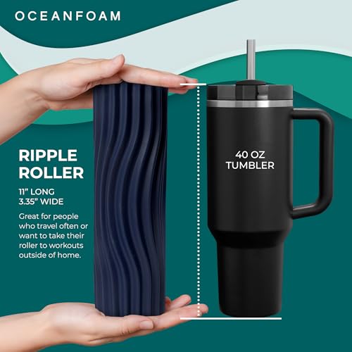 Oceanfoam Ripple Travel Foam Roller (11" x 3.35") Firm Mini Foam Roller for Physical Therapy, Deep Tissue Massage, Back Pain, High Density, Ergonomic Wave Textured, Yoga, Pilates, Exercise (Dark Navy) - color: Dark Navy