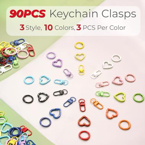 90PCS Keychain Clasp Set - 10 Colors Spring O Rings, Lobster Claw Clasps and Heart Clasps for DIY Keychains, Bag Charms, Crafts, Gifts & Classroom Supplies - color: 10 colors-90pcs