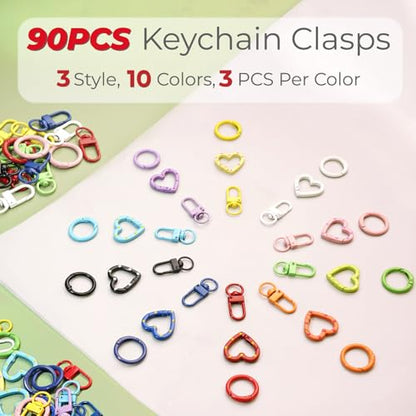 90PCS Keychain Clasp Set - 10 Colors Spring O Rings, Lobster Claw Clasps and Heart Clasps for DIY Keychains, Bag Charms, Crafts, Gifts & Classroom Supplies - color: 10 colors-90pcs