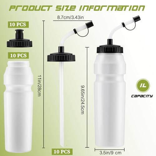 Nuenen 10 Pcs 1 Liter Sports Water Bottle with 2 Lids (Straw and Squeeze),34 oz Squirt Water Bottle with Pull Top Cap for Adults Hockey, football, Lacrosse & Boxing