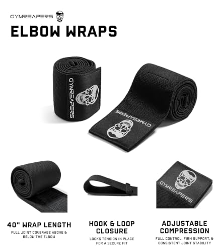 Gymreapers Weightlifting Elbow Wraps (1 Pair) - Flexible 40'' Elbow Compression Strap & Joint Support Brace - for Bench Press, Powerlifting, and Pressing - color: Black