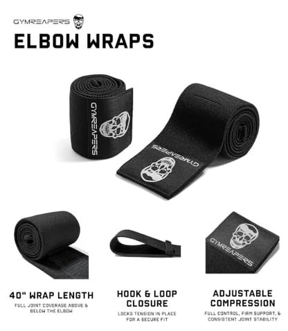 Gymreapers Weightlifting Elbow Wraps (1 Pair) - Flexible 40'' Elbow Compression Strap & Joint Support Brace - for Bench Press, Powerlifting, and Pressing - color: Black