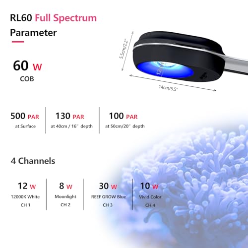 RL60 WiFi Reef LED Light, 60W Full Spectrum Marine Reef LED Aquarium Lighting for Soft/LPS Corals & Saltwater Fish Nano Tanks, Built-in Timer, WiFi Phone Programmable, Sunrise Sunset