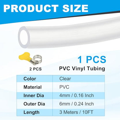 PATIKIL PVC Vinyl Tubing, 3/16"ID x 1/4"OD Flexible Clear Plastic Tube with 2 Hose Clamps, Hose Line Pipe for Multipurpose Industrial Vinyl Aquarium, 10FT - size: 3/16" ID 10FT