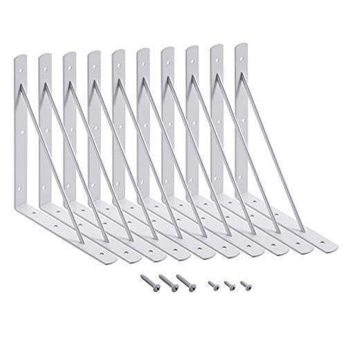 HOME MASTER HARDWARE 10 x 8 inch Metal Shelf Brackets, 90° Triangle L-Bracket, Wall Mount Supports for Floating Shelves w/ Screws, White 10-Pack - color: White, size: 10 inch x 8 inch-10pcs