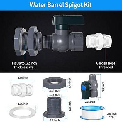 Suswillhit Rain Barrel Spigot Kit - Water Barrel PVC Garden Diverter Kit with Bulkhead Fitting Hose Faucet Adapter and Thread Seal Tape for Water Tanks, Aquariums, Tubs, Pools, Garden Barrels(2 Pack)