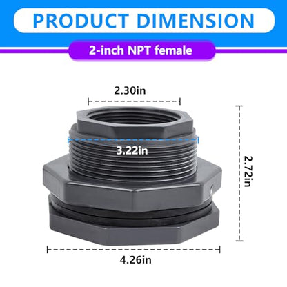 2 Pcs 2 Inch PVC Bulkhead Fitting (NPT Threads), Heavy-Duty Plumbing Water Tank Connector Kit with Reinforced Seals for Rain Barrels, Water Tanks, Aquariums, Tubs, Pools