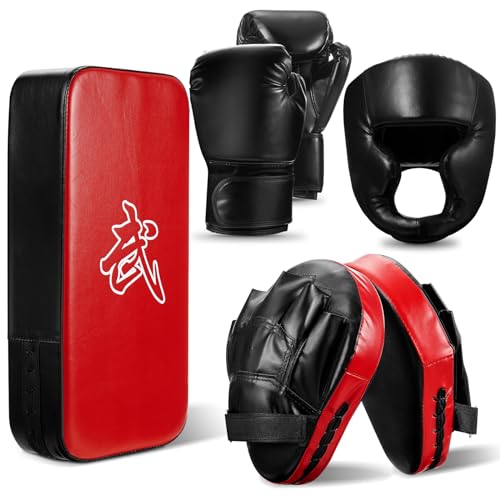 Foilswirl 5-in-1 Kids Boxing Pads Gloves Kick Punching Mitts Set with 1 Pair of Gloves, 2 Pcs Pads Taekwondo Kick Pad and Head Guard for Youth Beginner Training Kickboxing Karate Thai - color: Black, size: 8 oz