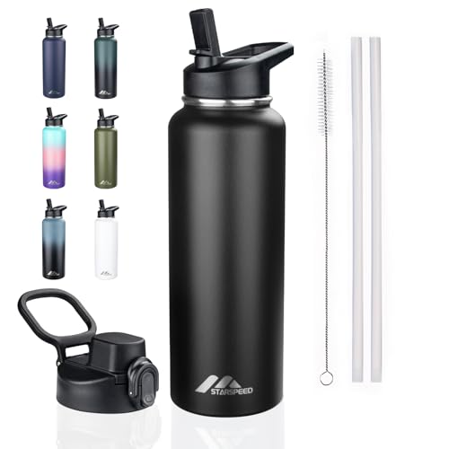 StarSpeed 40oz Insulated Water Bottle with Straws & 2 Lids,Black - color: Black, size: 40 Ounces