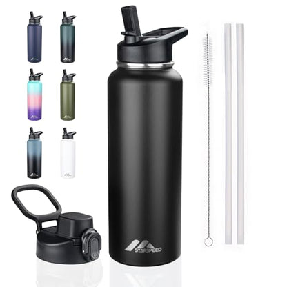 StarSpeed 40oz Insulated Water Bottle with Straws & 2 Lids,Black - color: Black, size: 40 Ounces
