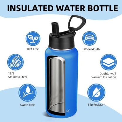 Insulated Water Bottle With Straw,32 oz Vacuum Insulated Stainless Steel Sports Water Flask,Keeps Cold and Hot,Metal Water Bottle Wide Mouth (Black/White/Light Blue/Purple) - color: Black/White/Light Blue/Purple, size: 4 Pack