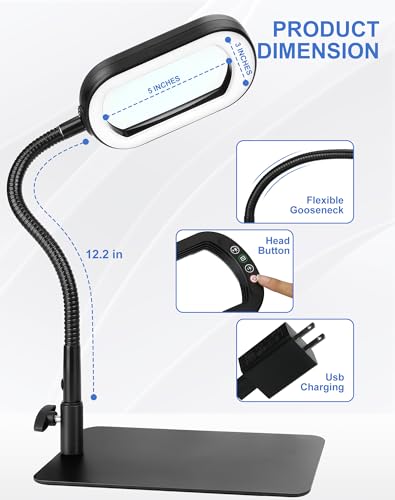 12X Magnifying Glass with Light and Stand LED Magnifier with Light Hands Free Lighted Magnifying Desk Lamp Dimmable for Close Work Craft Read Cross Stitch Sewing Repair Hobby Rectangular - color: Black