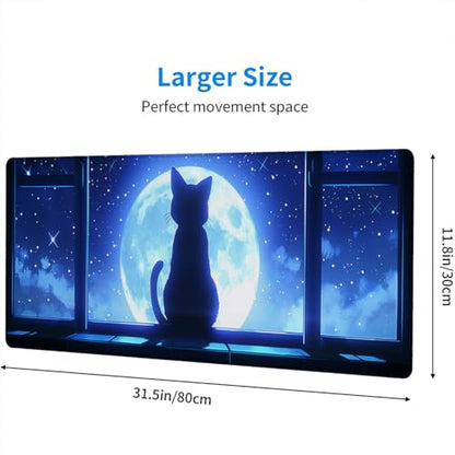 Anime Cat Desk Mat Gaming Mouse Pad Cartoon Cute Cat Looking Moon Large Gaming Mouse Mat with Stitched Edges,Non-Slip Waterproof Rubber Base Mous Mat Office Computer Keyboard Laptop Home 31.5"x11.8" - color: Anime Cat_007, size: 11.8" x 31.5"